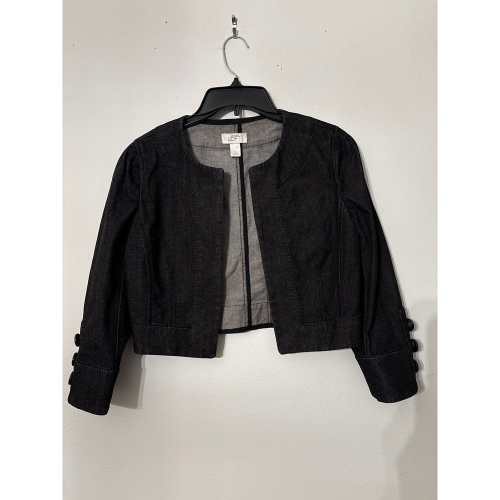 Ann Taylor LOFT Cropped Denim Jacket Womens 4 Black Excellent Collarless Bolero